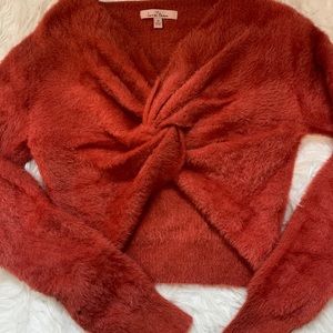 Burnt Orange Longe Sleeve Fluffy Cross Knot Shirt